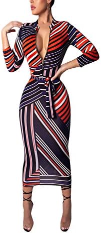 Women's Zipper Dress Deep V Neck Long Sleeve Stripe Printed Bodycon Midi Dress