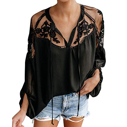 Yezijin Fashion Women Chiffon Lace Hollow Out Solid Blouse Long Sleeve Bandage Tops Sexy Summer Tops 2019 Black - Thumbnail 7