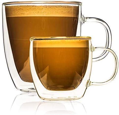 Double Wall Insulated Glass Coffee Mugs Set of 2 with Large 14oz and Small 4.5oz. With Handles for Espresso, Tea, Cappuccino, Hot Chocolate. Durable, Safe, Professionally Packed