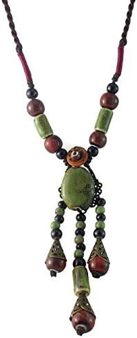 Dastan Necklace Vintage Handcrafted Rope Chain Ceramic Pendant Bohemia Style