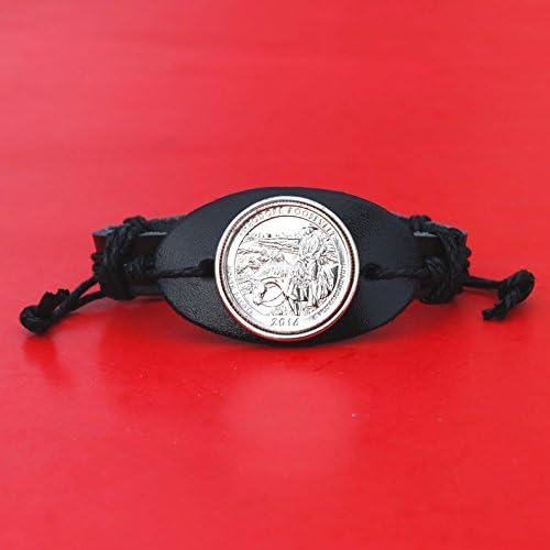 US 2016 North Dakota Theodore Roosevelt National Park Quarter BU UNC Coin Genuine Black Leather Cuff Bangle Bracelet NEW - America the Beautiful