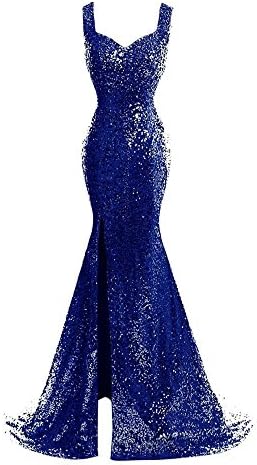 Leopoldfashion Women's Straps Mermaid Sequins Prom Dresses with Split Side US16 Royal Blue