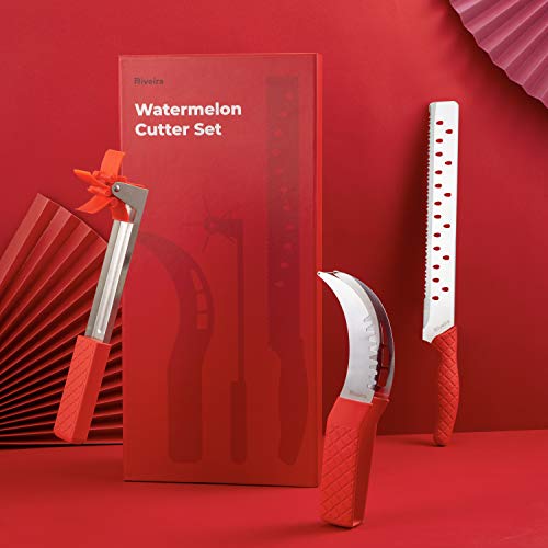 Riveira Watermelon Slicer Windmill Cutter Carving Knife 12-Inch Stainless Steel 3-Piece Kitchen Gadget Newly Designed Gift Set with TPR Silicone Handles for Cutting Fruit Melon Summer Best Gadgets
