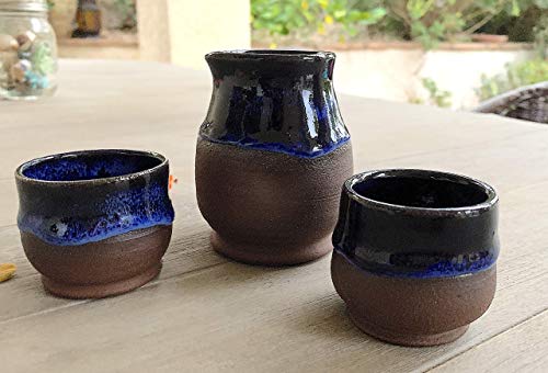 Brown and Blue Sake set, handmade pottery bottle and shot glasses - Thumbnail 5