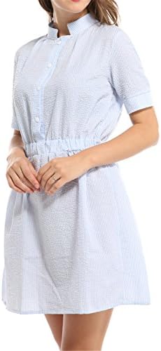 Prettyever Elegant Women Striped Breathable Elastic Waist Short Sleeve Stand A-Line Button Fashion Mini Dresses BTS L