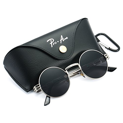 Pro Acme John Lennon Metal Spring Frame Round Steampunk Sunglasses Clear Lens Available (Silver Frame/Grey Lens