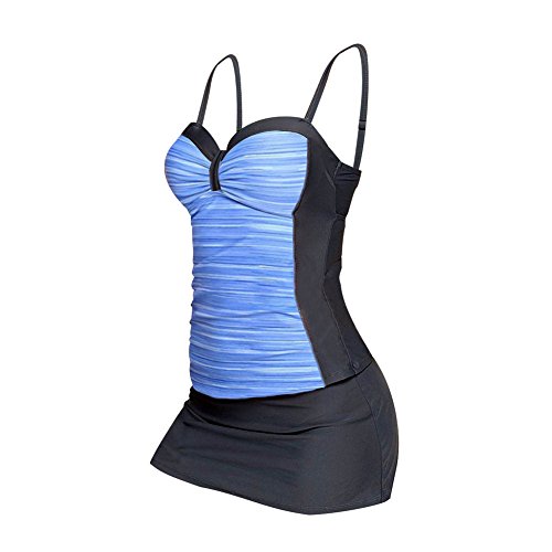 Women's Printed Two Pieces Swimwear Tankini Swimsuits Tankini Set with Panty Skirt (Blue, M)