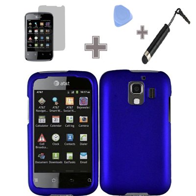SODIAL(R) Rubberized Solid Blue Color Snap on Hard Case Skin Cover Faceplate with Screen Protector, Case Opener and Stylus Pen for Huawei Fusion 2 U8665 - AT&T