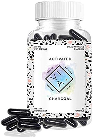 VIA Organic Activated Charcoal Capsules, Highest Absorbtion, Prevent Hangovers, Alleviate Gas and Bloating, Digestive & Stomach Relief, Natural Max Full Body Detox, Vegan, Non-GMO (60 Capsules)