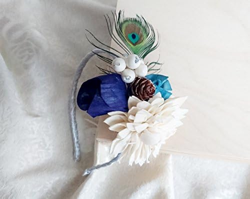 Sola flowers pine cone peacock feather headband dark blue turquoise ivory bride bridesmaid Corsage winter wonderland woodland wedding