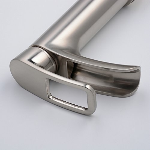 Bathroom Faucet Brushed Nickel Waterfall,Hiendure Brass Single Handle Low Arc Bathroom Sink Faucet with Hole Cover Plate