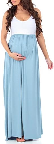 Trancylight Women Casual Sleeveless Color Block Maternity Dresses Stretch Maxi Tank Dresses (Blue, XL)