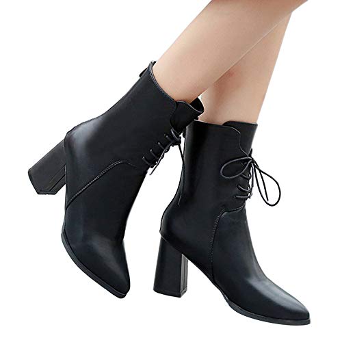 AgrinTol Women's Retro Tassel Shoes Leather High Heel Pointed Toe Lace-Up Martin Boots
