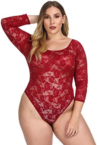 Liangna Women's Plus Size Sexy Lace Teddy Long Sleeve Bodysuit Lingerie XL-6XL