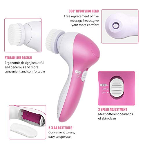 Facial Cleanser Brush, Brush Head 5 in 1 Cleanser Face Wash Facial Soft Cleansing Electric Massager