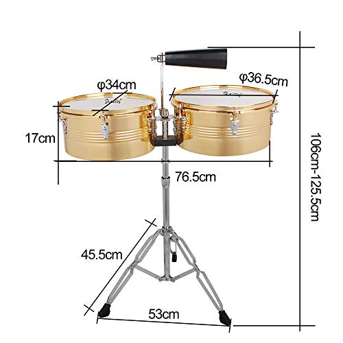 Kuyal Latin Percussion 13" & 14" Timbales Drum Set with Stand and Cowbell, Golden