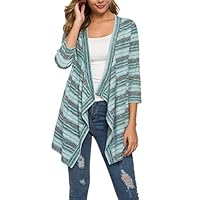 OLRAIN Women 3/4 Sleeve Open Front Cardigans Striped Loose Coverup Coat Tops (Green Stripes, Large)