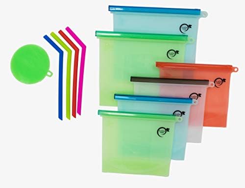 Kala Trading-Set of 6 Reusable Sandwich Bags & 4 Silicone Straws with Silicone Cleaning Brush for Food Storage, Sous Vide cooking, Smoothies, Freezing, Produce Storage. Dishwasher Safe, Microwaveable