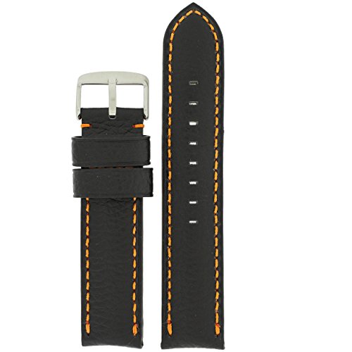 24mm Watch Band Long Black Genuine Leather Orange Stitching Padded