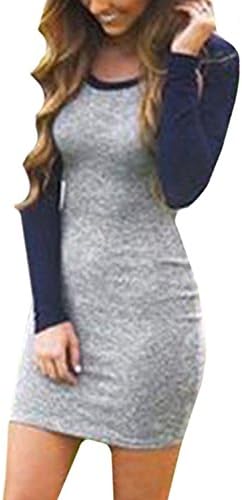 Kissky Women's Color Block Long Sleeve Bodycon Tshirt Dress (Blue, 2)