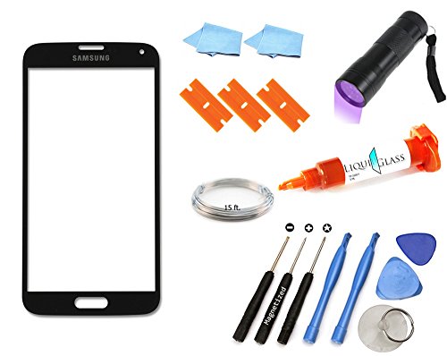 Samsung Galaxy S5 Black New Front Outer Glass Lens Screen Replacement Repair Kit + Instructional Video + LOCA + UV Light + Magnetized Tools G900 G900A G900P G900R4 G900T G900V