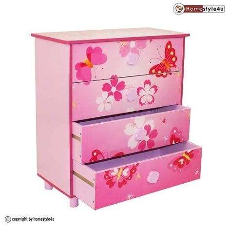 Homestyle4u 647 Kinderkommode Schmetterling Blumen, Kinderschrank mit 4 Schubladen für Kinderzimmer, Holz, Pink Rosa