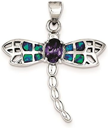 925 Sterling Silver Rhodium-plated Blue Inlay Created Opal &amp; Oval Amethyst Dragonfly Charm Pendant