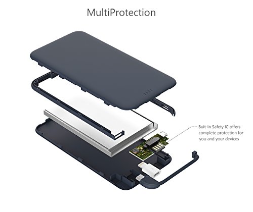 Slim Power Bank Ultra Thin, Attom Tech 5000mAh 1.0A Mini External Phone Battery Pack Small Dual Outlet, Emergency Phone Power Backup with Built-in Charging Cable for Android Micro USB and Apple(Black)