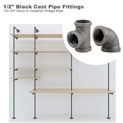 HighFree 10 Pack Iron Cast Pipe Fittings 1/2 inch Pipe Tee and Elbow Pipe Threaded Pipe Nipples Iron Industrial Piping Fittings for DIY Pipe Furniture
