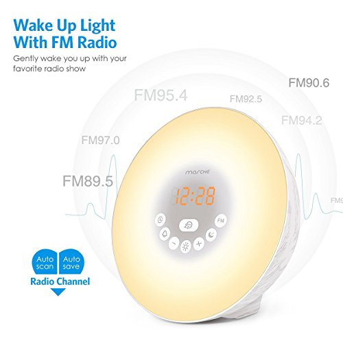 Mosche Sunrise Alarm Clock, Digital Clock, Wake Up Light with 6 Nature Sounds, FM Radio and Touch Control (Wood White)