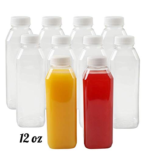 Plastic Juice Bottles, 10 Pack Food Grade BPA Free Empty Square Milk Containers, Great For Storing Homemade Juices, Milk, Beverages, With Tamper Evident Caps. (12 Oz)