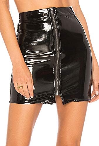Justalwart Women's Black Leather Mini Skirt Slim Cut High Waist Elastic Pencil Latex Skirt with Zip Front