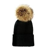 Women's Winter Trendy Warm Faux Fur Pom Pom Fashion knit Beanie Hats JM6062 (Black+Brown)