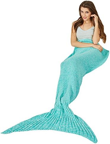 Y-stop Mermaid Tail Blanket with Scale Knit Crochet for adult Kids Girls, Super Warm Soft All Seasons Sleeping Blankets 6 Styles (Length-71", Shark Tail-Green)