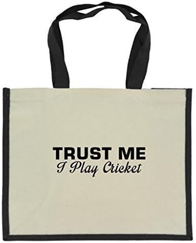 Trust Me I Play Cricket in Black Print Jute Large Shopping Bag with Black Handles and Trim