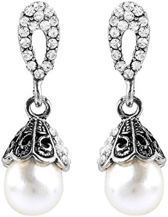 Vintage Sliver Artificial Pearl Drop Rhinestone Stud Earrings for Women, E10