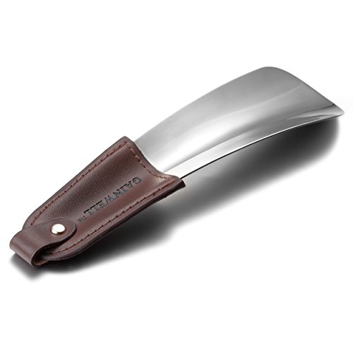 GAINWELL Metal Shoe Horn 17cm - Leather handle (Dark Brown)