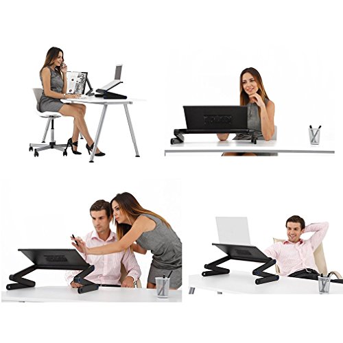 Portable Adjustable Laptop Table For Bed and Sofa w/2 CPU Fans and Mouse Pad, Aluminum Laptop Desk Stand Table Vented Ergonomic Macbook Desk Table TV Bed Lap Tray Vented Folding Stand Up/Sitting