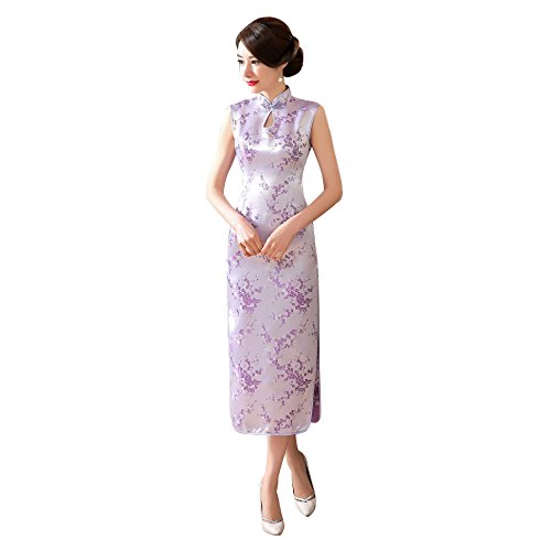 ACVIP Women's Cherry Brocade SleevelessChinese Long Side-split Qipao Dress
