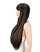 Kalyss 28 inches Women's Long Silky Straight Black Brown Highlights Heat Resistant Smooth Yaki Synthetic Wig With Bangs Hair Replacement Wig for Women (Black with light brown highlights)