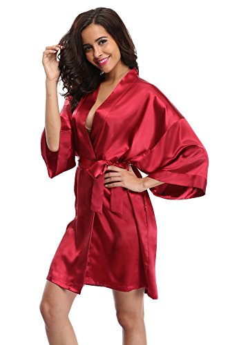 Women's Satin Rhinestone Short Wedding Kimono Robe for Bridesmaid, Red XS
