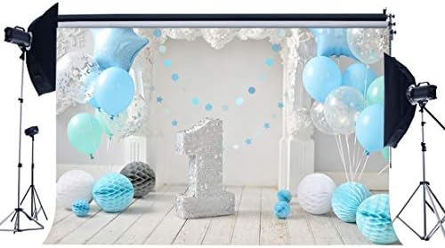 Gladbuy Boys 1st Birthday Backdrop 7X5FT Vinyl Paper Flowers with Balloons Backdrops Ribbon Stars Cake Smash Photography Background for Kids Room and Dessert Table Wallpaper Photo Studio Props BL65