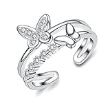 Sewanz Women's Simple Sterling Silver Finger Rings,Crystal Butterfly Opening Filigree Nail Ring