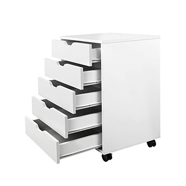 DEVAISE 5Drawer Chest, Wood Storage Dresser with Wheels, White