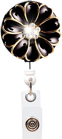 Qinsuee Retractable ID Badge Reel Holder, Alligator Swivel Clip with Bling Rhinestones Camellia (Black)