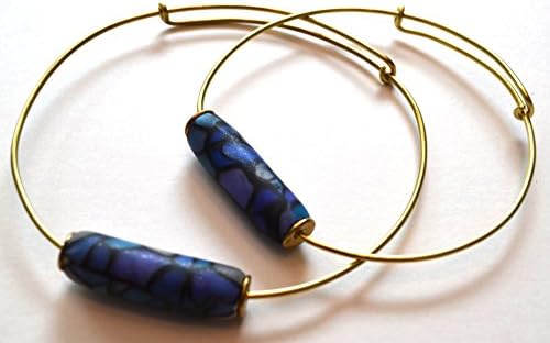 Double Barrel Polymer Bead © &amp; brass wire expandable bangle bracelet, blue stained glass polymer clay finish, bullet bead bracelet