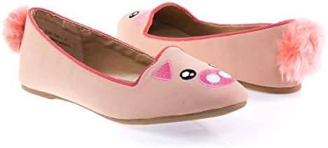 BambooShoes Women's Round Toe Ballet Loafer Cute Animal Faux Fur Pompom Tail Flat Shoe (9, Piggy)