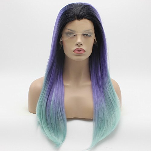 Lushy Straight Long Three Tone Ombre Dark Root Purple Light Blue Wig Half Hand Tied Heat Resistant Heavy Density Synthetic Lace Front Wig Buy Online In Bahamas At Bahamas Desertcart Com Productid