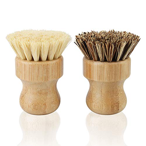 2 Pack Natural Dish Scrub, Amytalk Bamboo Round Natural Scrub Brush for Dishes Cast Iron Pots Pans Bathroom Kitchen Sink Household Cleaning