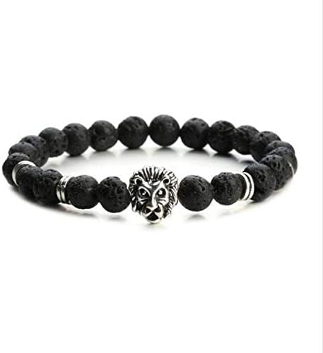 JEWH Fashion Buddha Leo Lion Head Charm Bracelets Men - Natural Stone Created Agates Lava Beads Bracelets (Lava (1))
